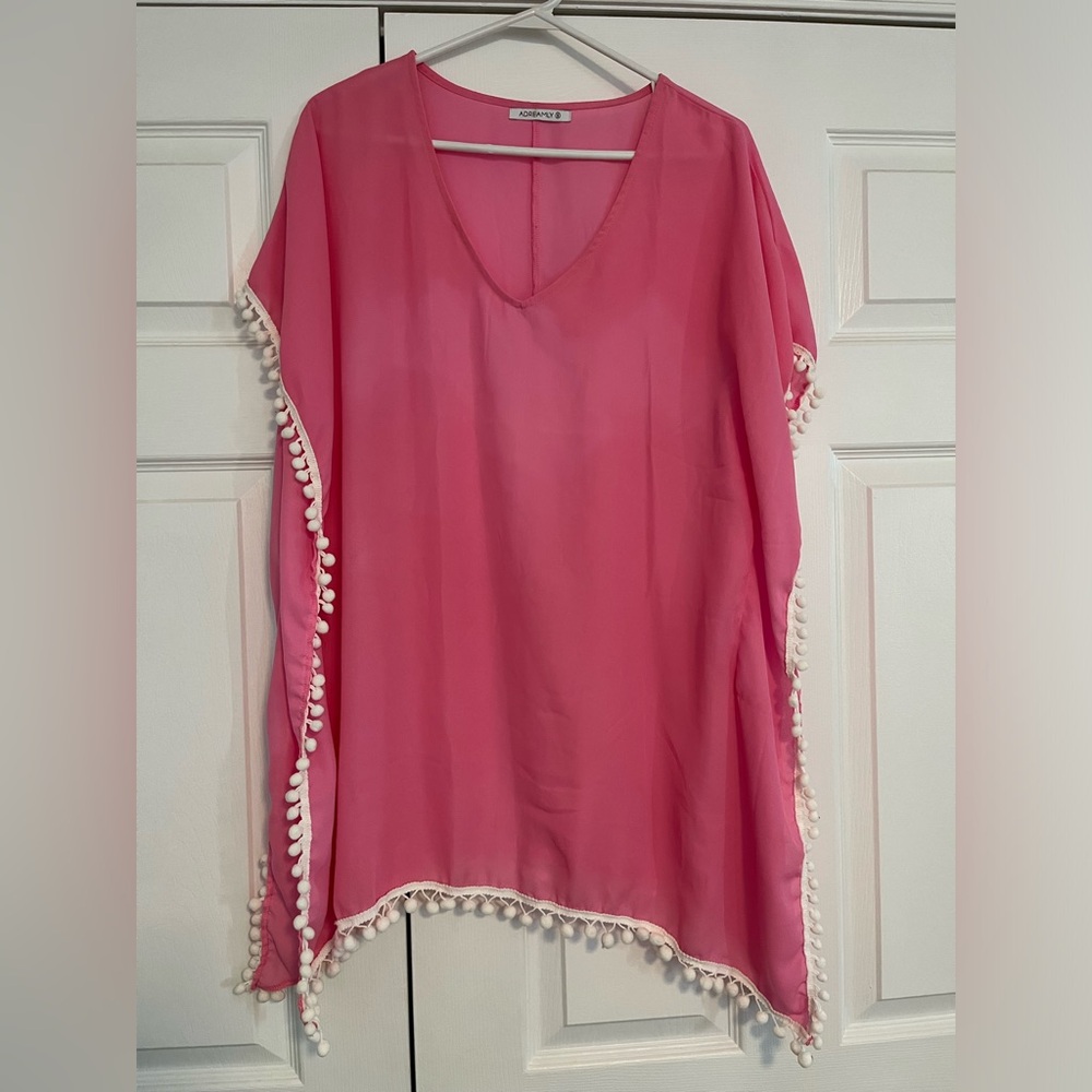 Pink Pom-Pom Trim Swim Coverup